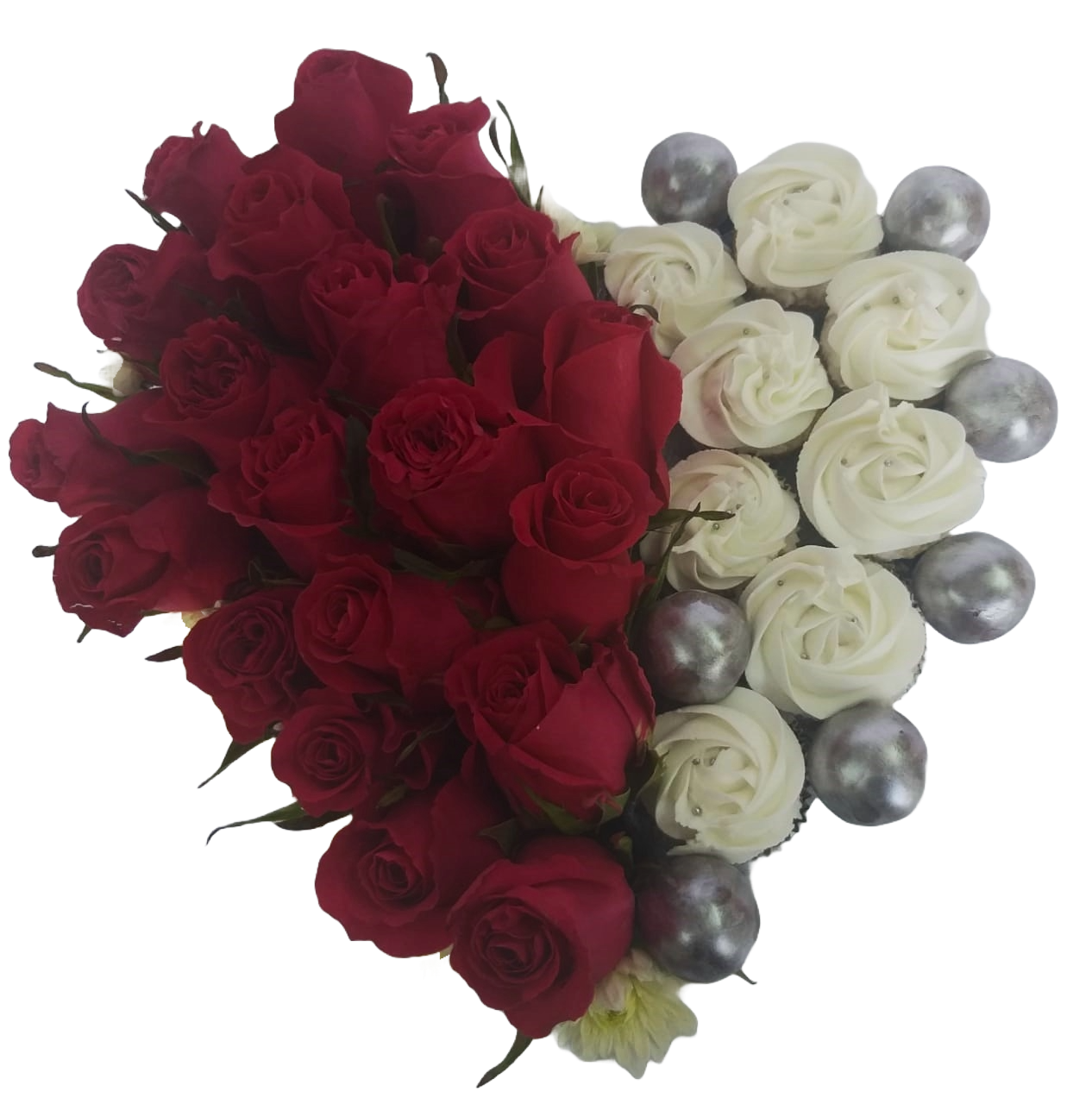 Regalo corazón de flores y dulces